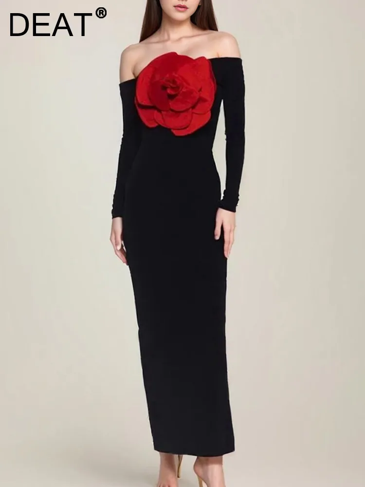 

DEAT Spliced 3D Flower Strapless Dress For Women New Models Long Sleeve Slash Neck Zipper Elegant Party Dresses 2024 New 15C373