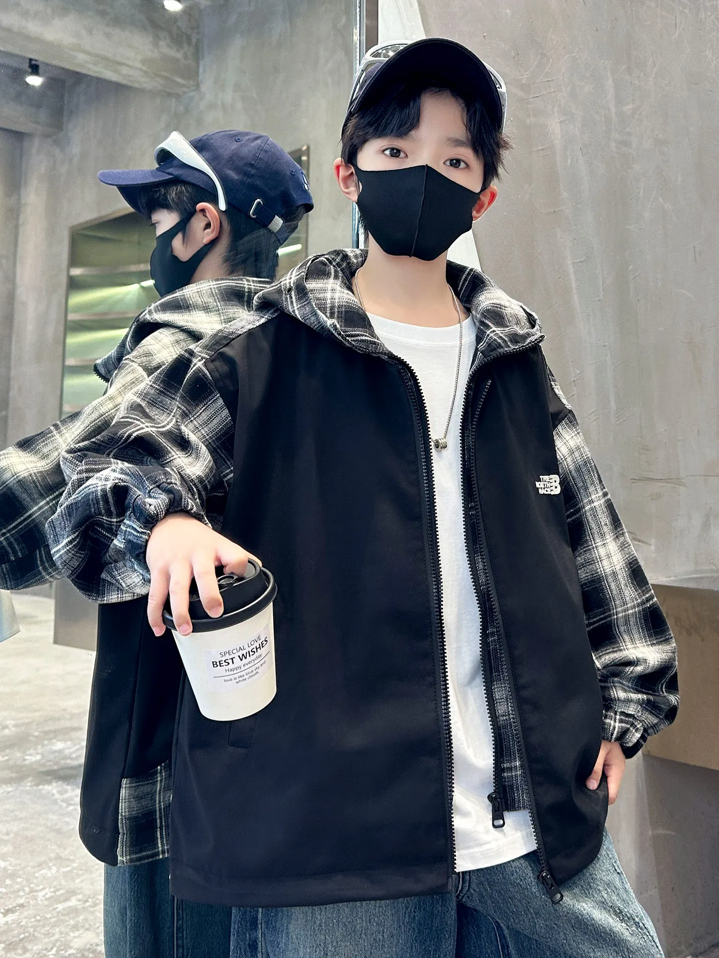 韓国スタイルチェック柄パッチワークフード付きジャケット男の子春秋ルーズフィットトレンディトップス中大子供服用