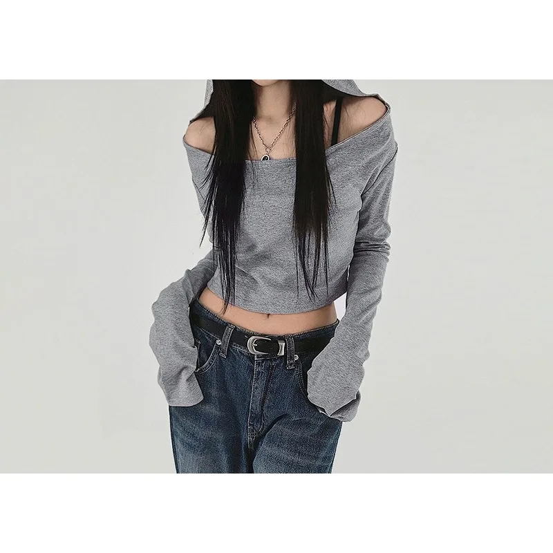 

Hooded Wasteland T-shirt Off-Shoulder Design Sense Personality Fashion Grey Navel Long Sleeve Women's Top