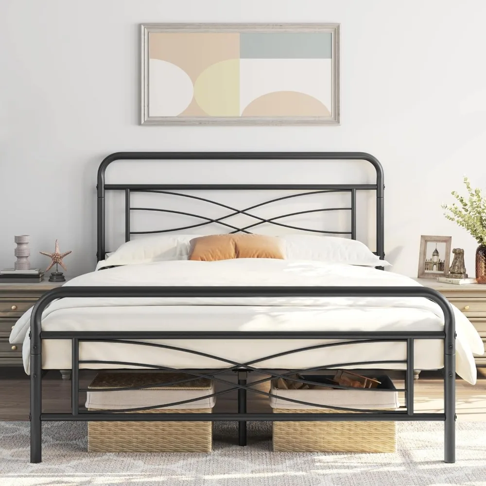 Yaheetech Queen Bed Frames Metal Platform Bed Mattress Foundation with Criss-Cross Design Headboard, Ample Underbed Storage Spac