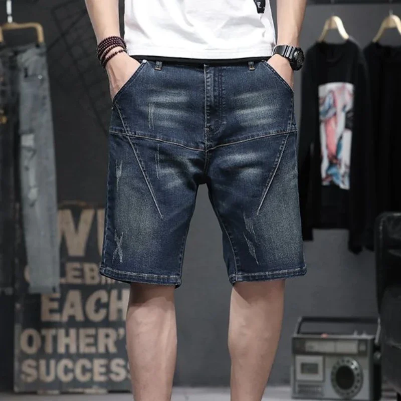 Male Denim Shorts Big Size Oversize Straight Men's Short Jeans Pants Stretchable Wih Zipper Y2k Fashion Thin Sale Retro Xxxl Xl