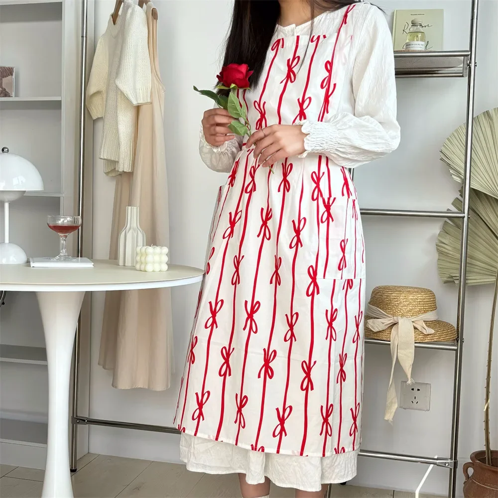 Korean Style Bow Ribbon Printed Apron Small Fresh Cotton Strap Cross Home Apron for Nail Art Coffee Painting
