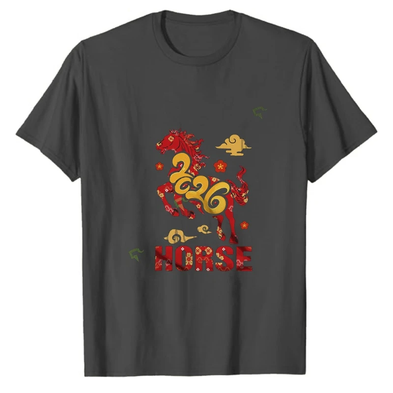 2026 Amusing Happy Lunar New Year Horse Flowers Family Group Crewneck T-Shirt High quality cotton Adult mens graphic tshirts