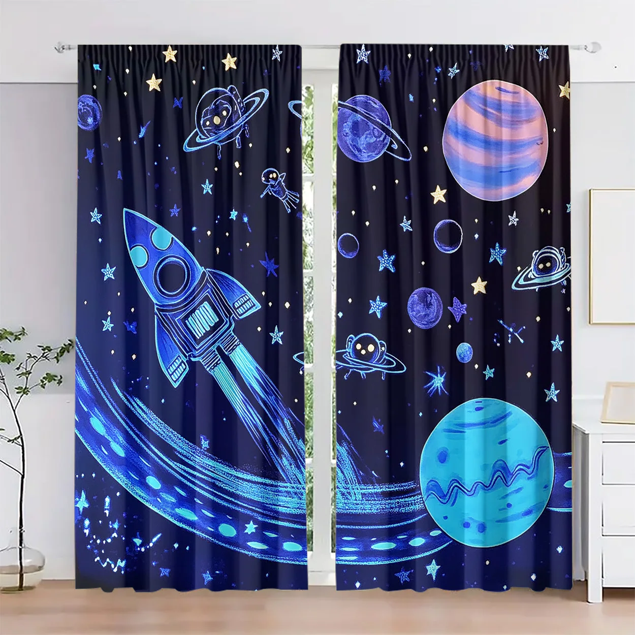 2pcs Art Deco Space Theme Light-Filtering Curtains, Polyester Rod Pocket Window Drapes, Machine Washable, Fade Resistant, Decora