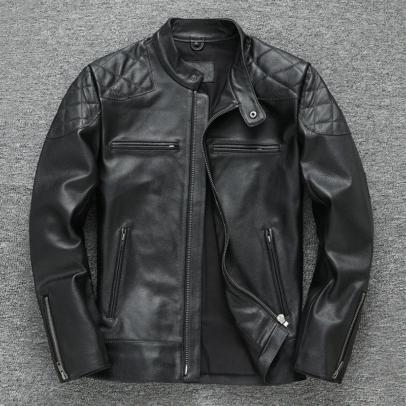 Men top layer cowhide jacket genuine leather motorcycle suit autumn leather jacket stand collar slim fit chaqueta cuero hombre