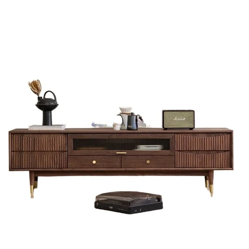 

Nordic black walnut TV cabinet living room simple modern small apartment all solid wood floor-to-ceiling TV short combination