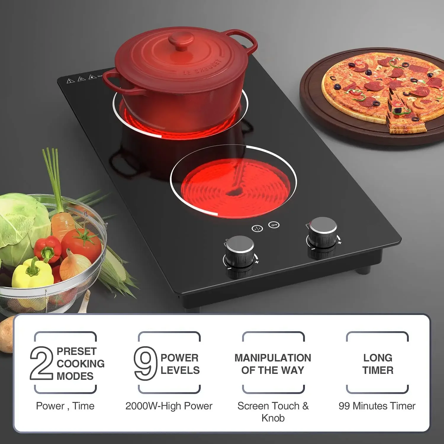 110V 2100W Electric Stove Top with Knob Control, 10 Power Levels, Kids Lock & Timer, Hot Surface Indicator