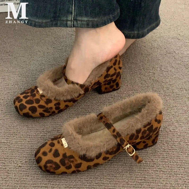 Zapatos de algodón de leopardo de piel para Mujer, botas gruesas de vestir a la moda para invierno, Zapatos de tacón de diseñador de tendencia para Mujer, Zapatos elegantes a estrenar para Mujer