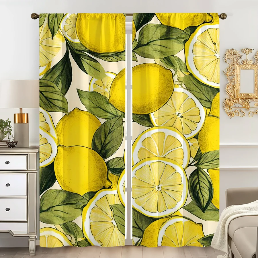 2 Stück mehrfarbige Vorhänge mit gelbem Zitronenmuster, Stangentaschen-Design für Schlafzimmer und Wohnzimmer