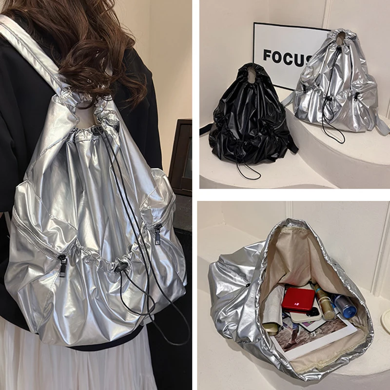 Women's Travel Backpack Korean Style Large Capacity Drawstring Pleated Silver Backpack Fashion Trendy Casual School Bags NEW