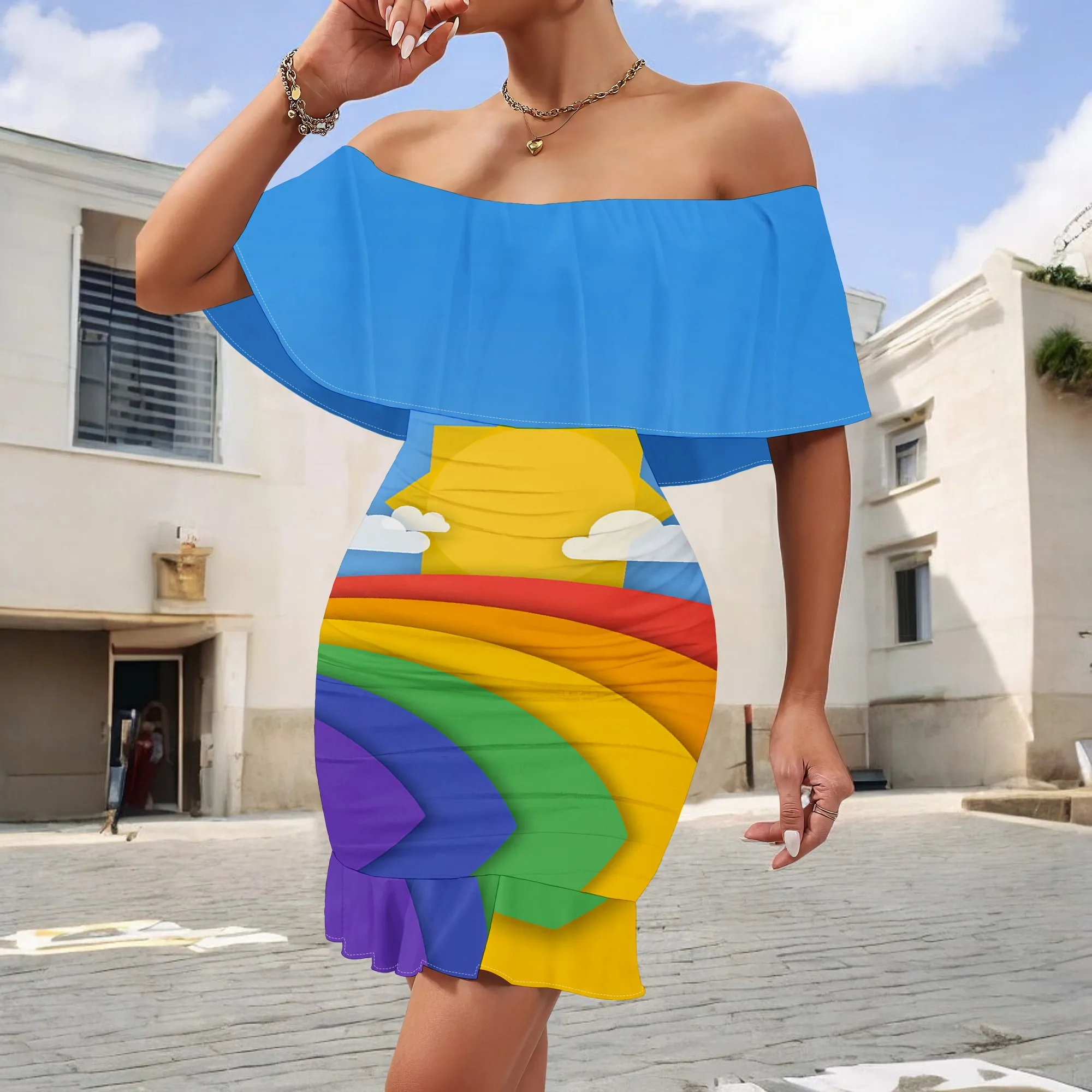 

Rainbow Sunshine Print Off Shoulder Mini Dress S-3XL Ruffle Overlay Bodycon Style for Pride Festival, Beach or Summer Party Look