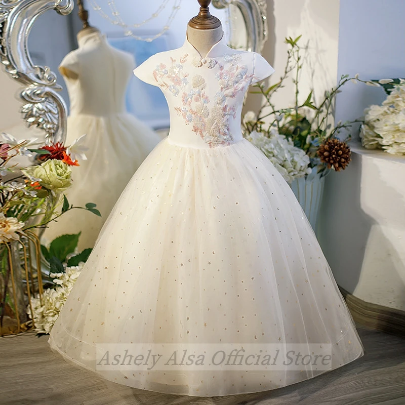 Customized Princess Flower Girl Dresses O-Neck Short Sleeve Puffy Kids Party Formal Gown Toddler Wedding Guest Dress Vestidos