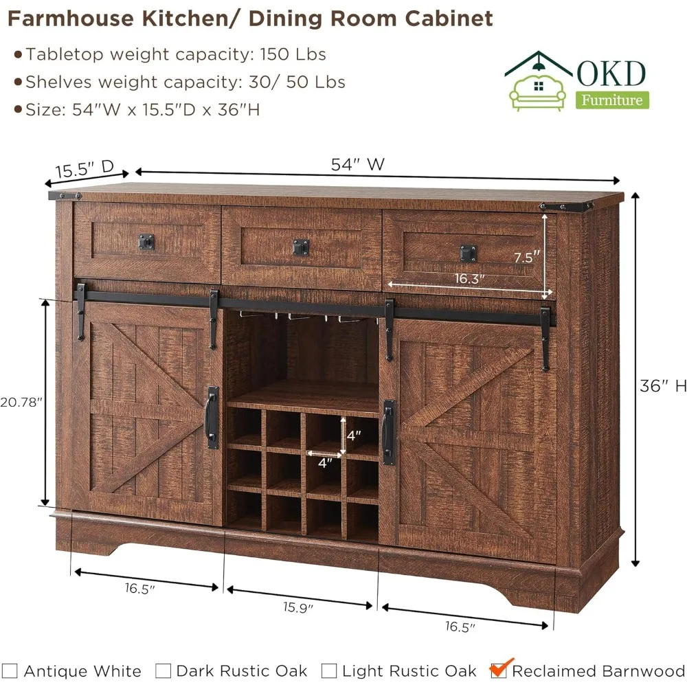 OKD-gabinete de Buffet de granja con almacenamiento, barra de vino de cocina de 54 "con estante de vino y vidrio, puerta de Granero corrediza, 3 cajones