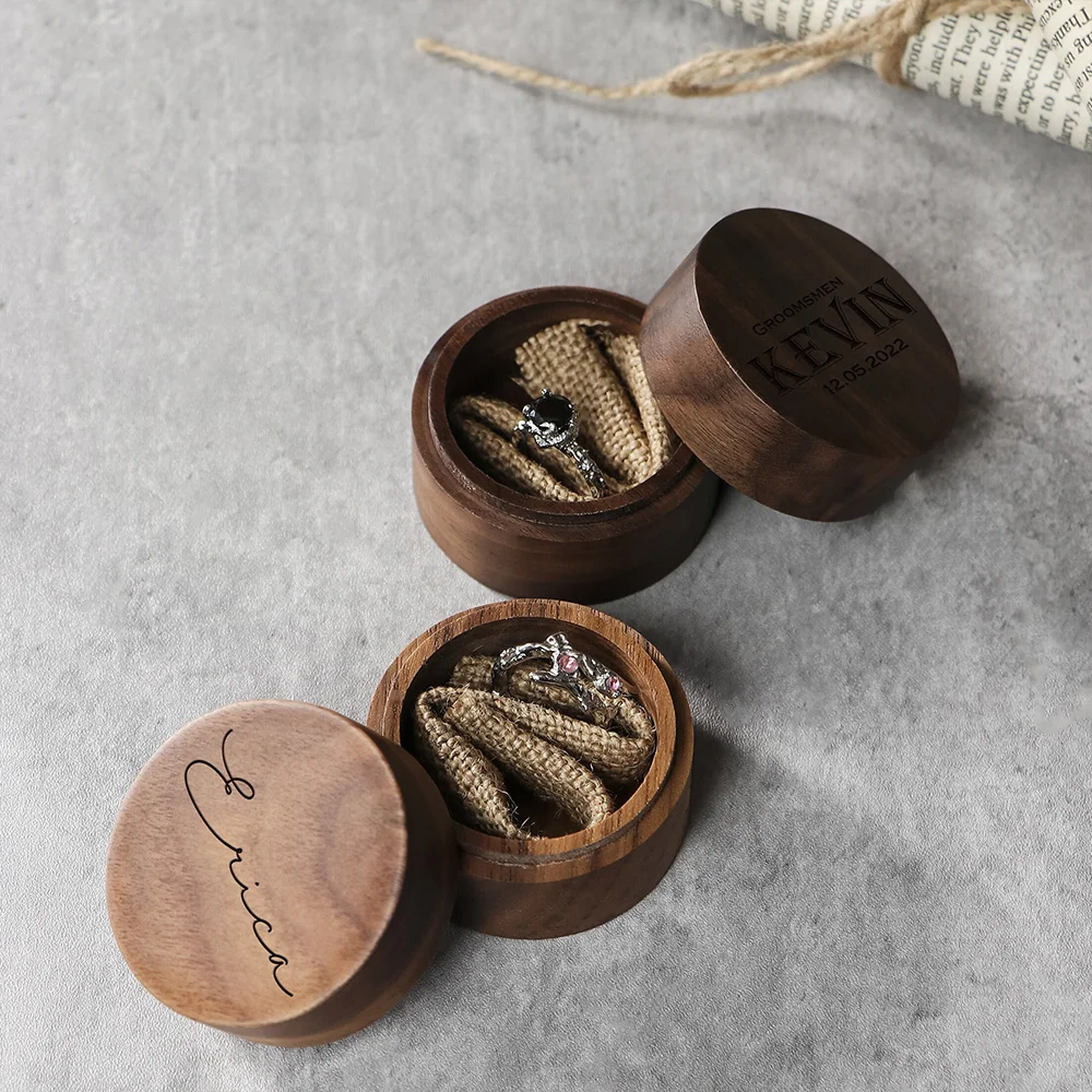 Personalized Walnut Wood Ring Box for Wedding Ceremony Round Rustic Boho Engagement Ring Bearer Box Name Date Free Burlap Lining