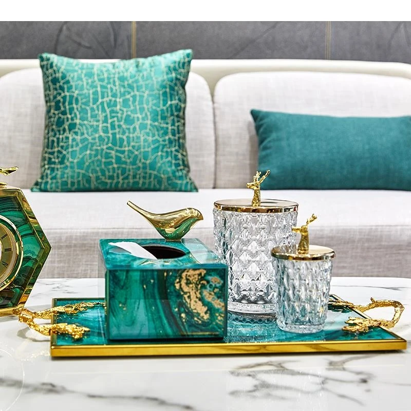 Green Agate Pattern Flow Gold Storage Tray Tissue Box Glass Jar Living Room Desk Decoration Gold-plated Trays Modern Home Decor