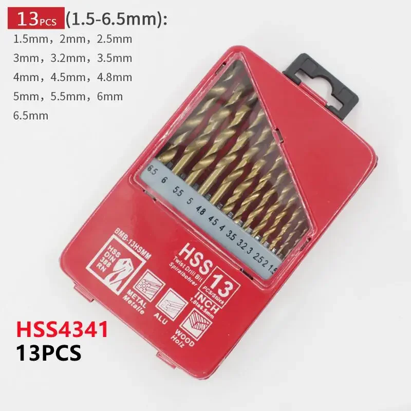 13/19/25pcs HSS Ti Coated Drill Bit Set 1.0-13mm for Metal Woodworking Drilling Power Tools Accessories in Iron Box