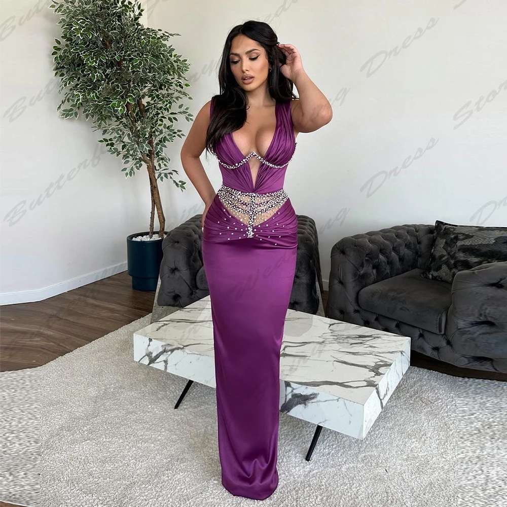 

Elegant Slim Sexy Deep V-neck Evening Dresses Party Gorgeous Satin Mermaid Off Shoulder Sleeveless Long Simple New Prom Gowns