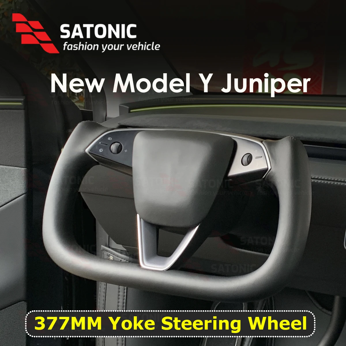 SATONIC 377mm Heated Nappa Leather Yoke Handle Steering Wheel for Tesla 2026 Model Y Juniper Sports Style OEM Custom Color