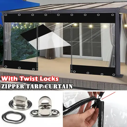 Customize Heavy Duty Tarp Curtain with Door Outdoor Pergola See Though Zipper Tarpaulin with Twist Locks Gazebo Windproof Screen