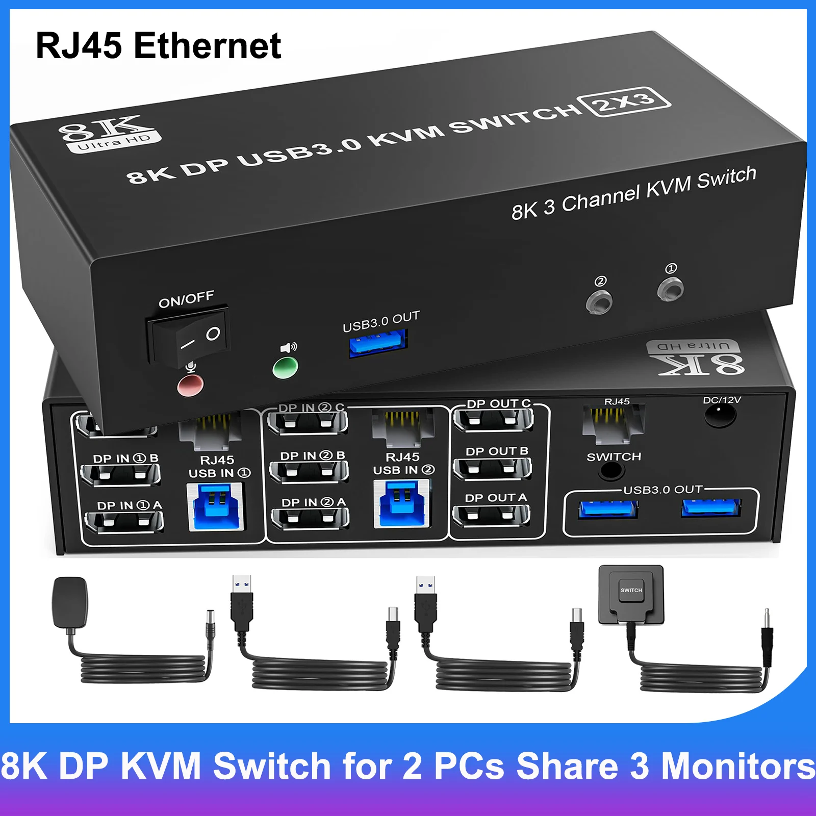 

8K DP1.4 KVM Switch Triple Monitor for 2 PCs Share 3 Monitors, RJ45 Ethernet Splitter 1 to 2, Audio Mic Port and 3 USB3.0 Device