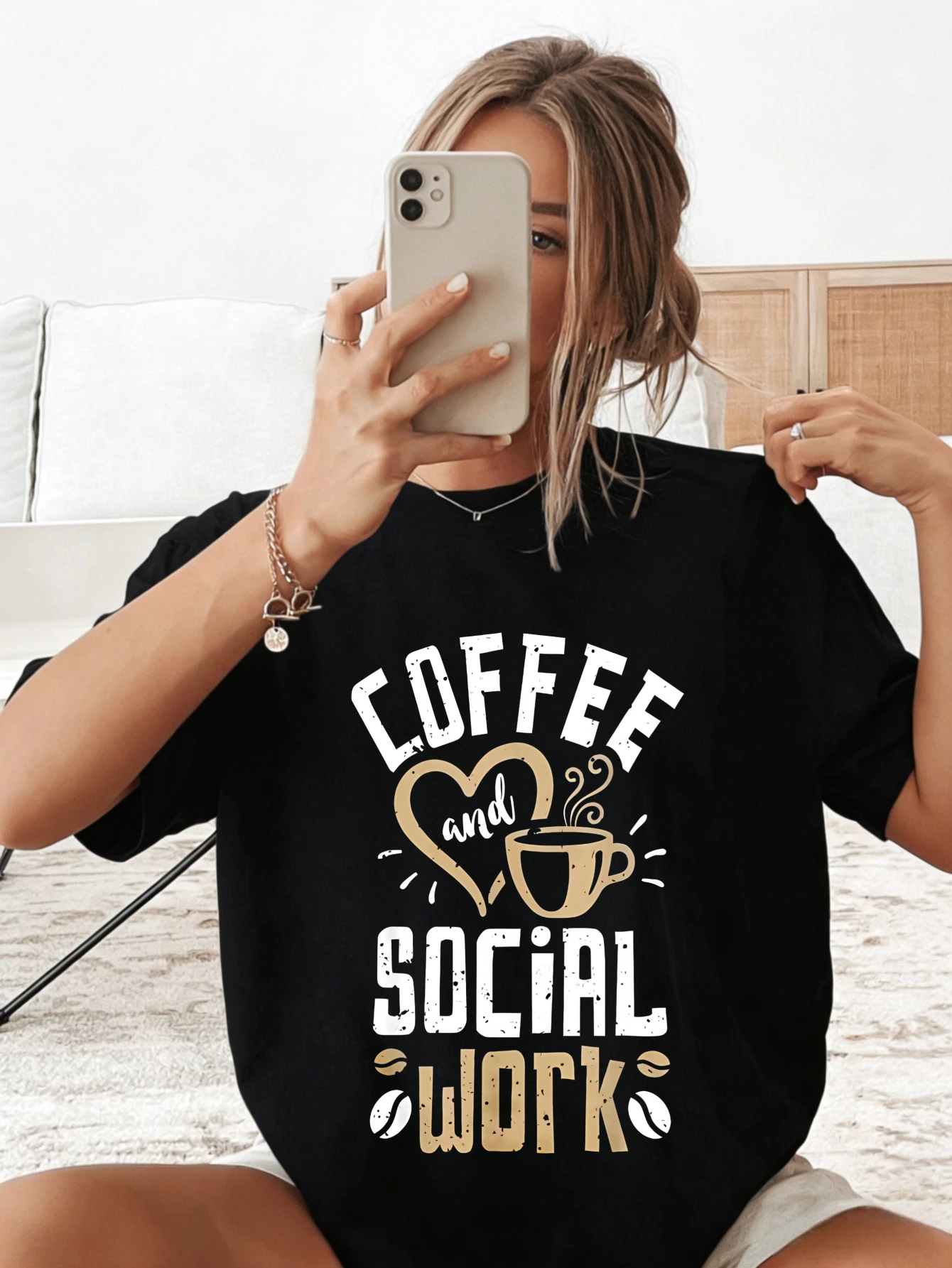 

Women’s Cotton Oversized Funny Coffee & Social Work Printed T Shirt - Casual Short Sleeve Summer Daily Wear Gift for Her
