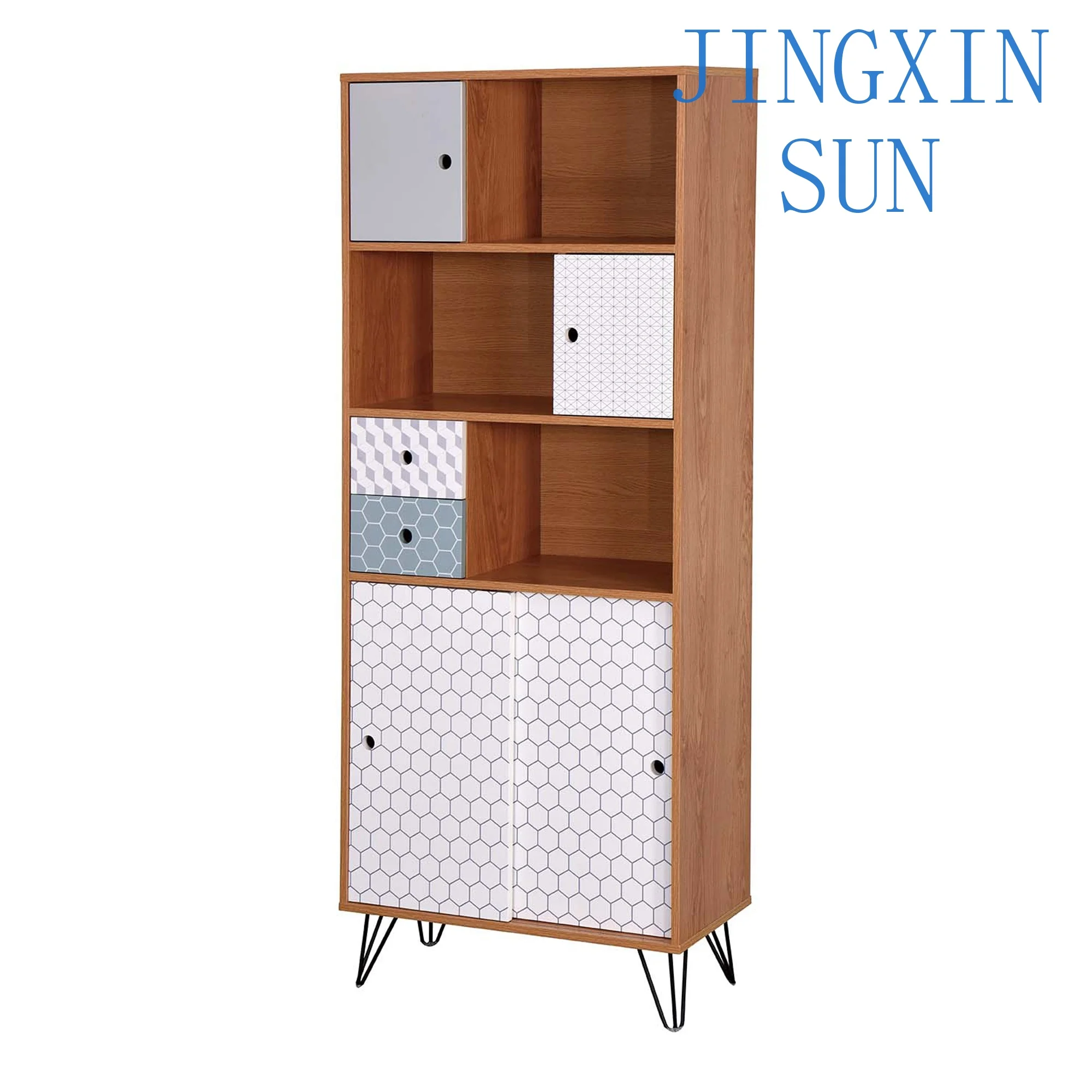 Wooden Sliding Door Filing Bookcase Conceal Hinge Cabinet with Small Drawer
