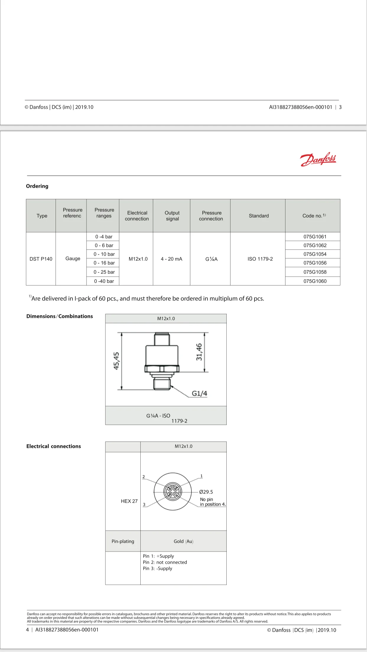 Danfoss Pressure Transmitter DST P140 /1061 075G1062 075G1054 075G1056