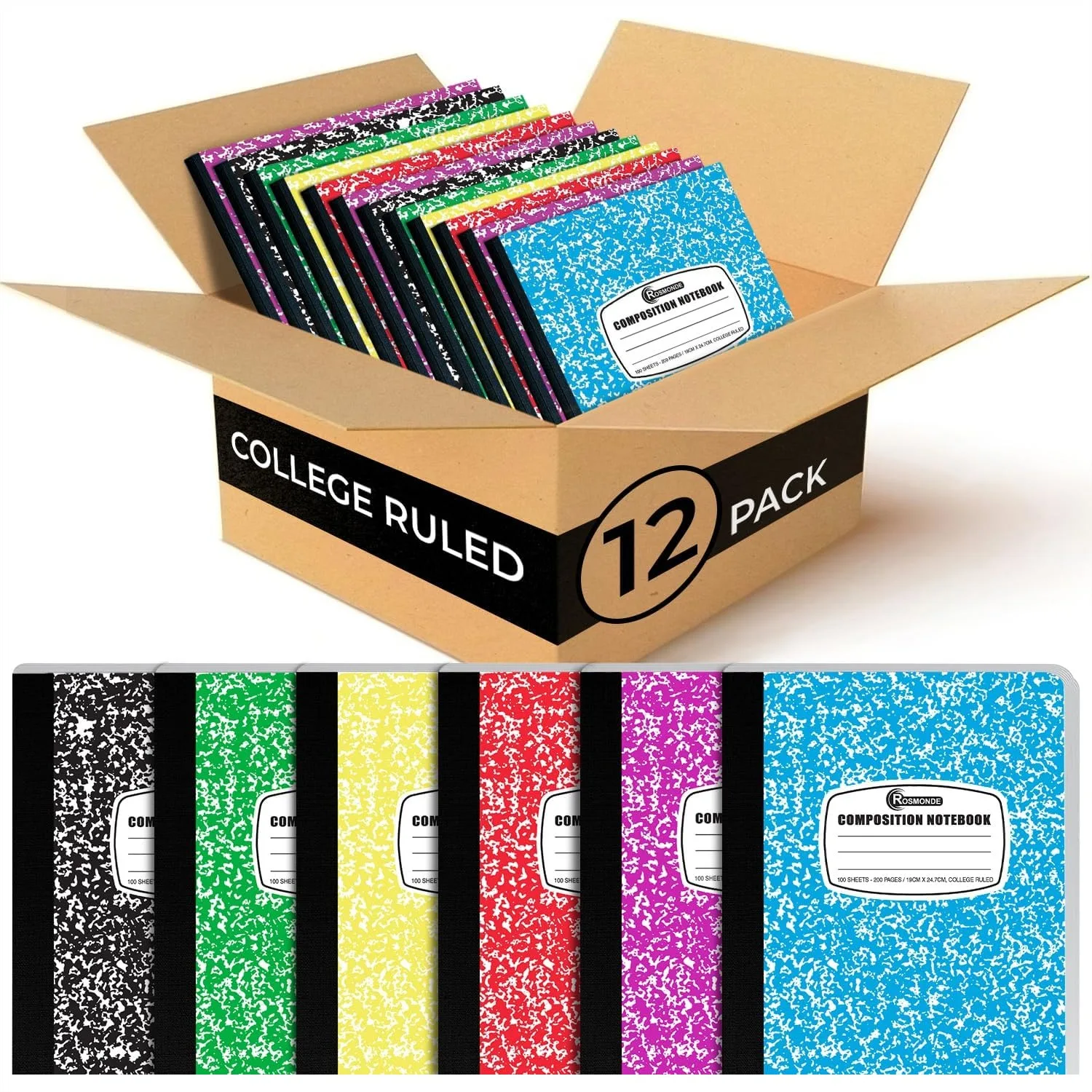 

12 Pack College Ruled Composition Notebooks, 200 Pages Each, Hard Cover, Assorted Colors for School & Office