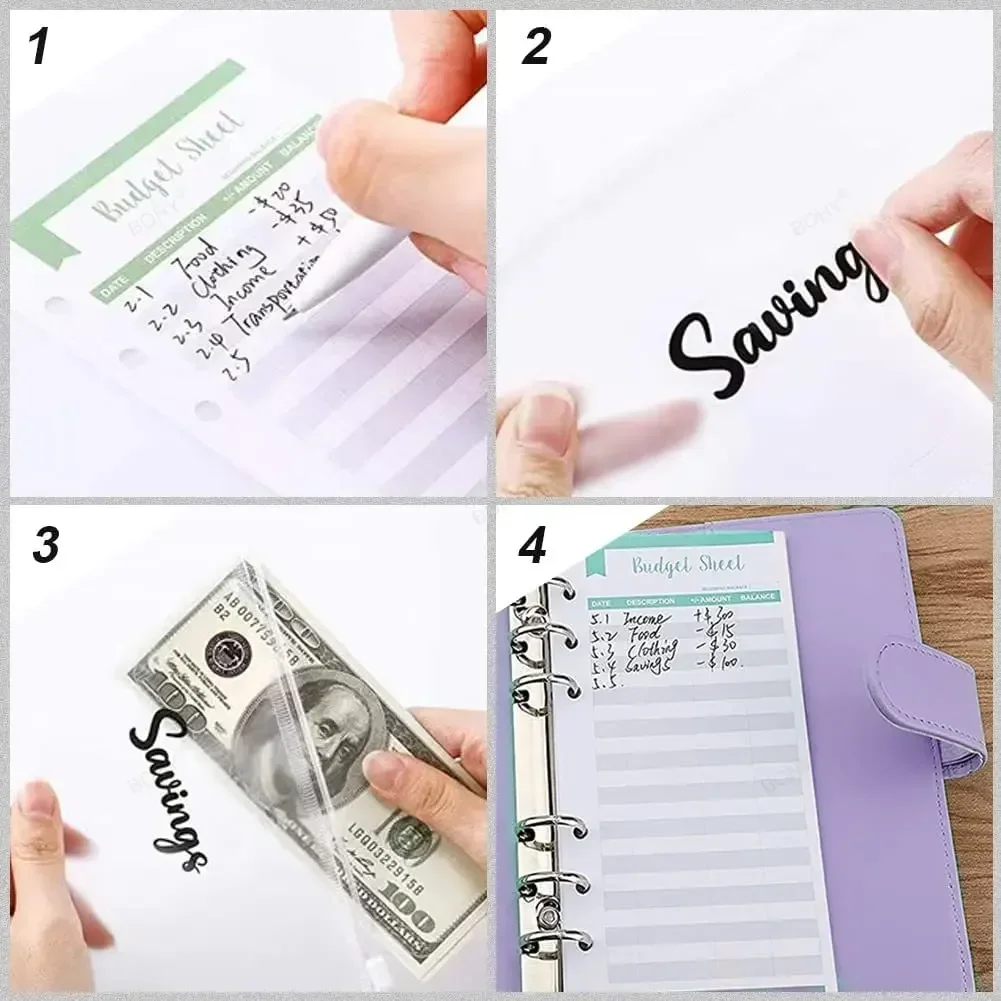 2024 A6 Binder Budget PU Leather Planner Pockets Expense Budget Sheets Notebook Cash Envelope Organizer System Clear Zipper