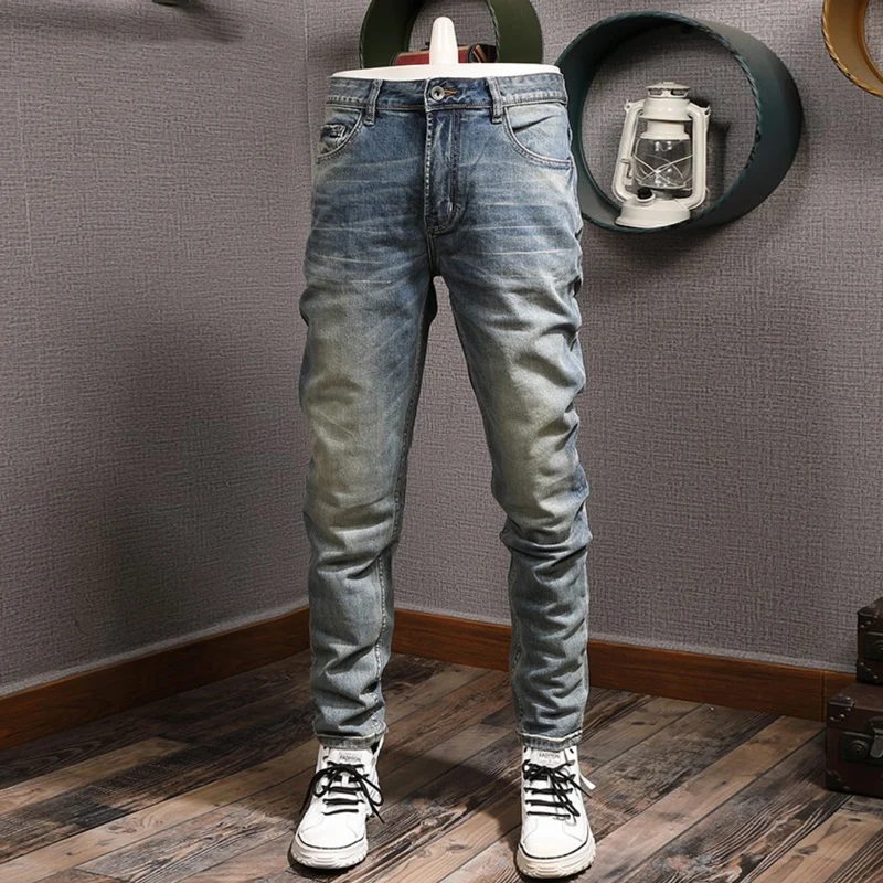 

Fashion Designer Men Jeans High Quality Retro Blue Elastic Slim Fit Ripped Jeans Men European Vintage Casual Denim Pants Hombre