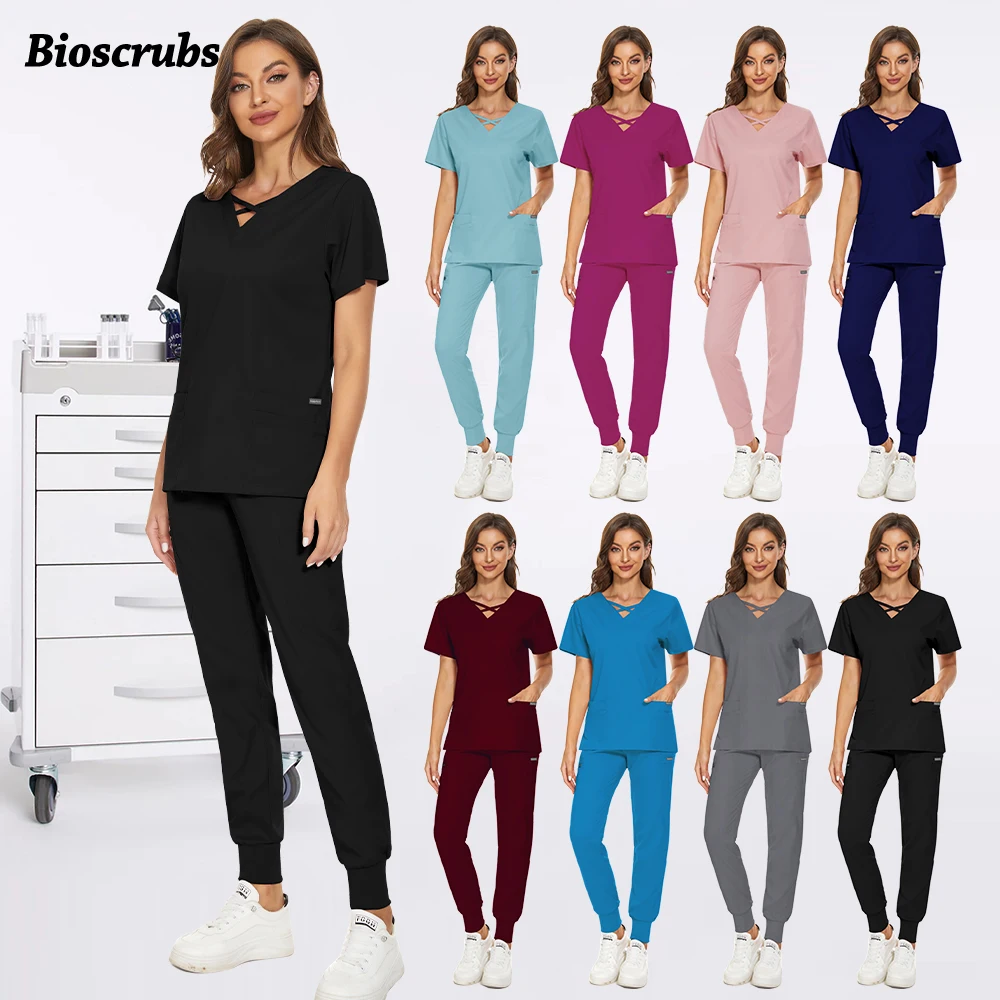 หลากสีความงามคลินิกเสื้อผ้าแพทย์พยาบาลชุดกระเป๋าเสื้อกางเกงแขนสั้นจ็อกเกอร์ชุดทันตแพทย์ชุดเอี๊ยม