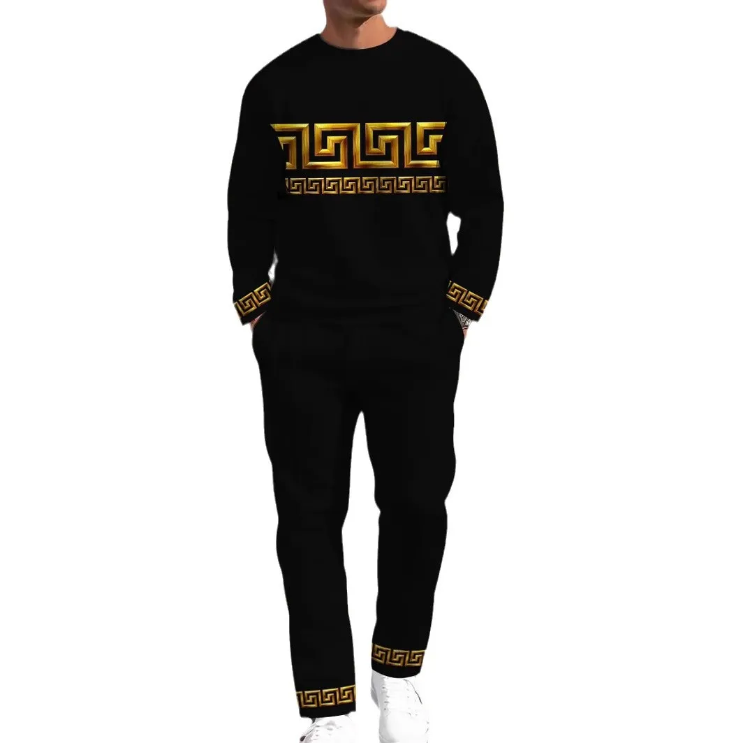 Mens Cross Border Round Neck Tech Print Casual Sports Set Long sleeve Top  Long Pants Loose fit Sweater and Sweatpants 2piece Se