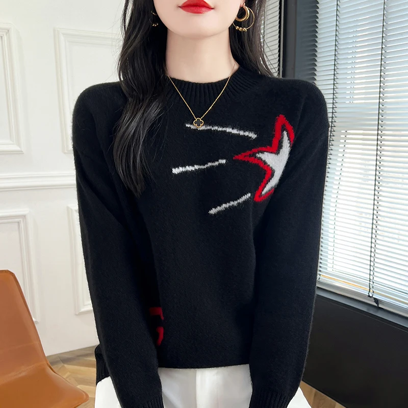 

100% wool knitted pullover women's O-neck sweater comfortable and stylish autumn and winter women's long sleeved sweater hot sel