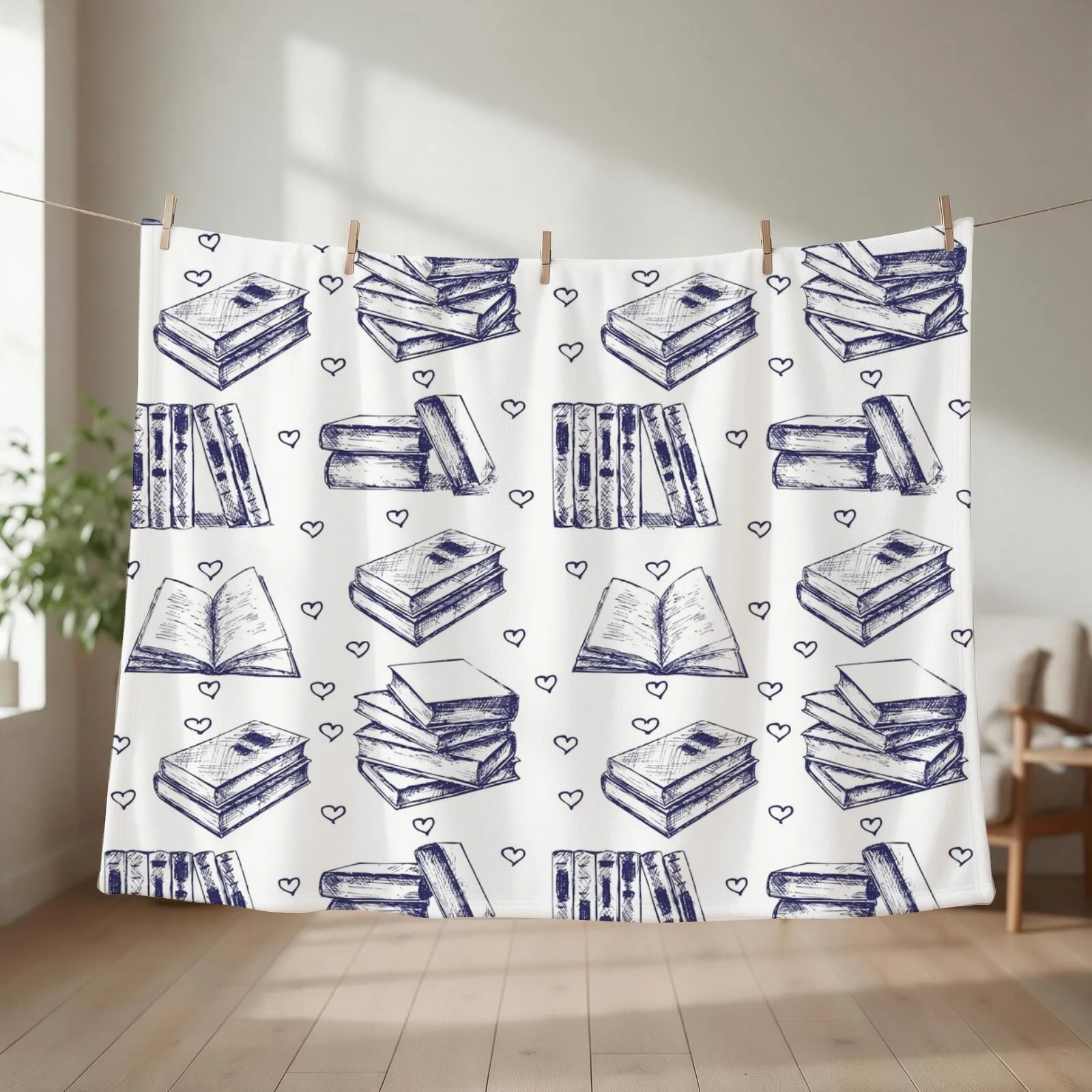 New Pattern sketchwith books. Hand drawn Throw Blanket couch cozy soft plush fuzzy picnic outdoor blanket