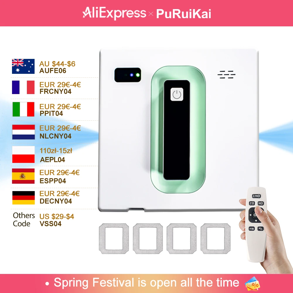 Robot de nettoyage de vitres automatique électrique PuRuiKai, avec application/télécommande, avec diffusion vocale, pulvérisation automatique bidirectionnelle