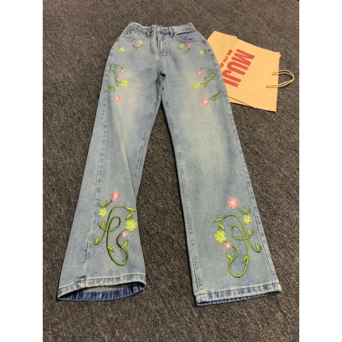 

American Style Retro Embroidered Jeans High Waist Loose Fit Women's Spring Autumn plus Size Slimming Wide Leg Floor-Length Pants