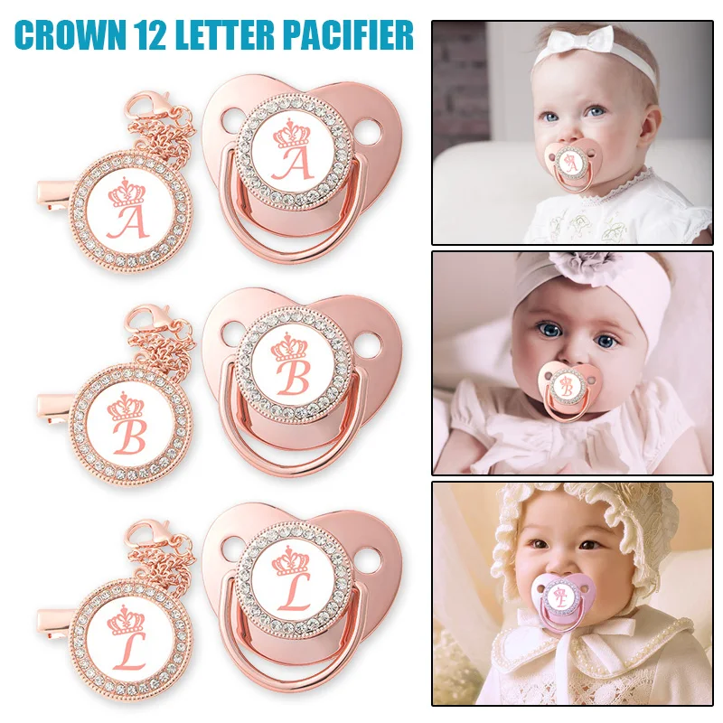 0-3-year-old rose gold crown letter baby soft silicone pacifier, free of bisphenol A, with chain clip dust cover, best gift