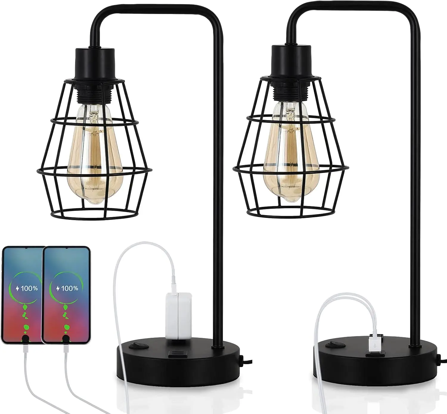 

Edison 2-piece bedside table reading desk lamp with dual USB charging ports and sockets