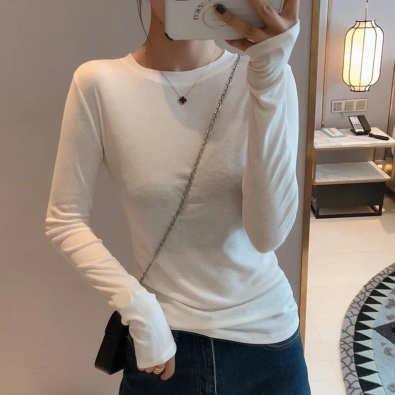 Cotton Elastic Basic T-shirts Women 2026 High Quality Plain T Shirt Female Casual Tops Long Sleeve Sexy Thin T-shirt