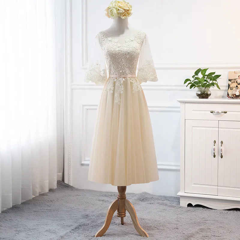 MNZ-125#Long Short Bridesmaid Dresses Champagne Custom Plus Size Lace Up The Bride Gets Married Photo Studio Rental 2016 New