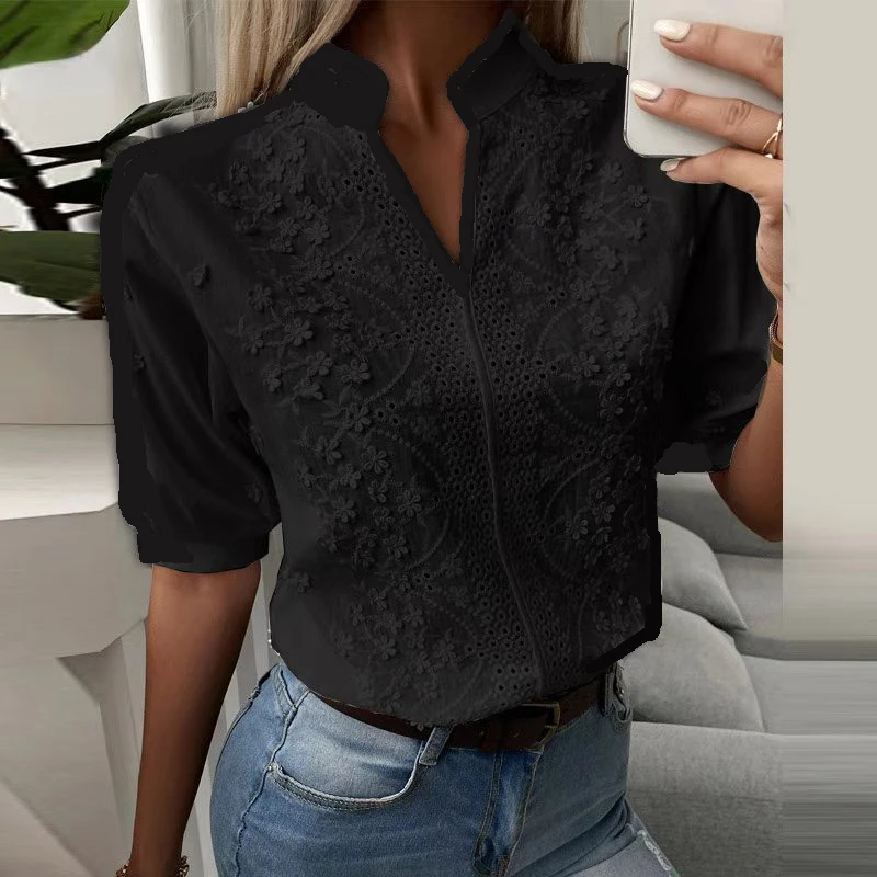 Summer Lace Hollow-out Chic Short Sleeve Blouse Hook Flower Embroidery Casual Solid Cotton Shirt Green White Top Women Clothing