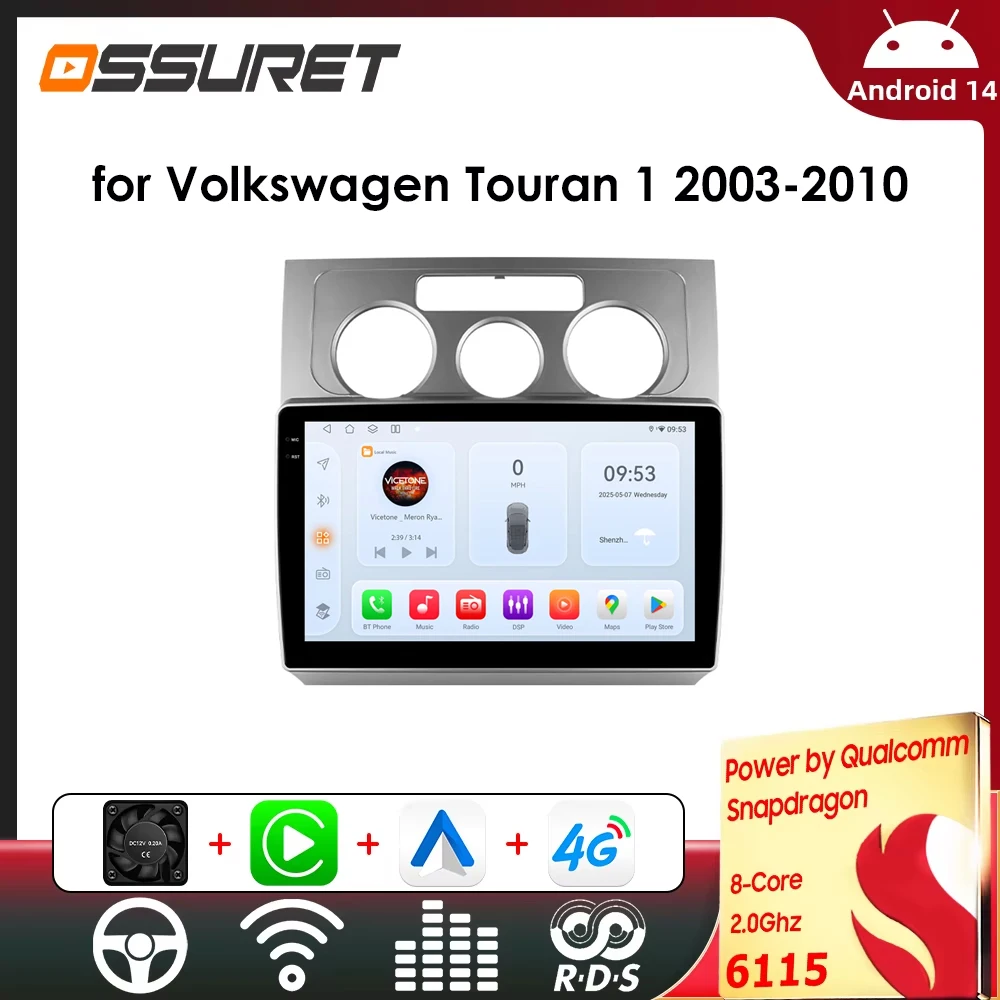 Android-Auto-Multimedia-Player für Volkswagen Touran 2003–2010, intelligente Systeme, GPS, Carplay, WLAN, Autoradio von Snapdragon 6115