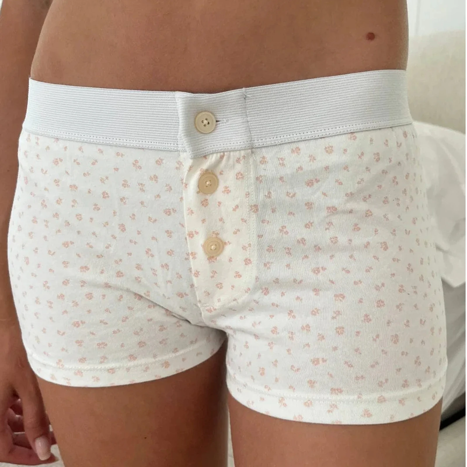 Combhasaki Pantalones cortos Y2K con botones delanteros elásticos anchos y bajos para mujer, informales, con estampado floral/rayas, ajustados, para salir