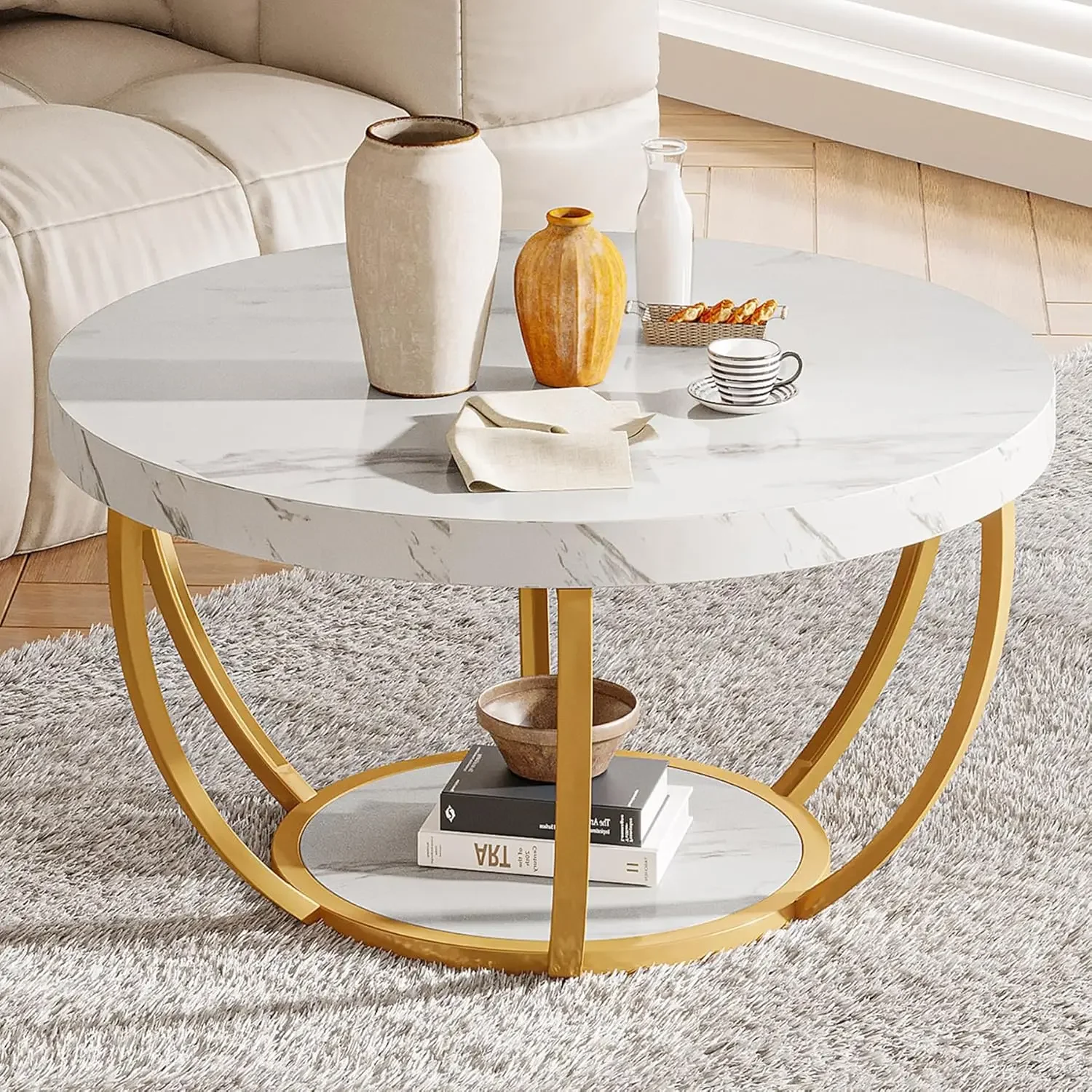 

Round Coffee Table, 2 Tier Modern Coffee Table with Faux White Marble and Golden Metal Legs, Circle Center Table Tea Table