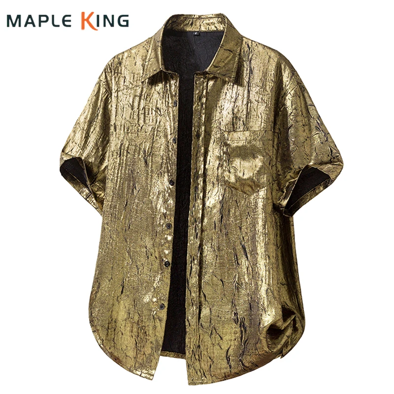 

Vintage Metallic Gold Sliver Bronzing Print Man Hawaiian Shirts 2026 Summer Luxury Holiday Mens Beach Shirt Hip Hop Streetwear