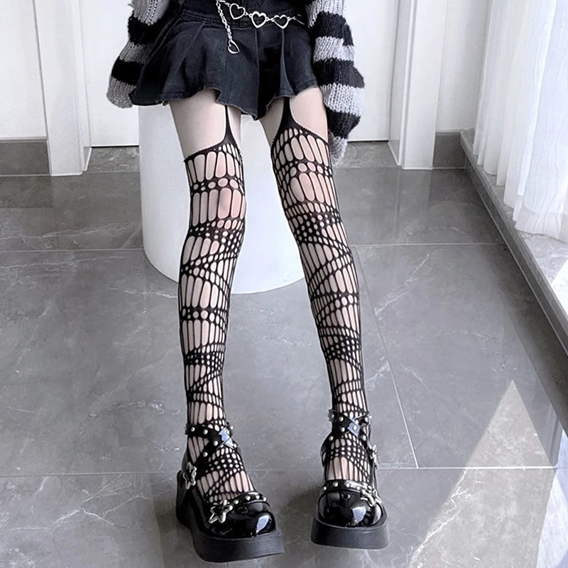 Newjapanese Harajuku Hollow Netkousen Panty Vrouwen Mode Hollow Out Black Gothic Full Body Netkousen Panty