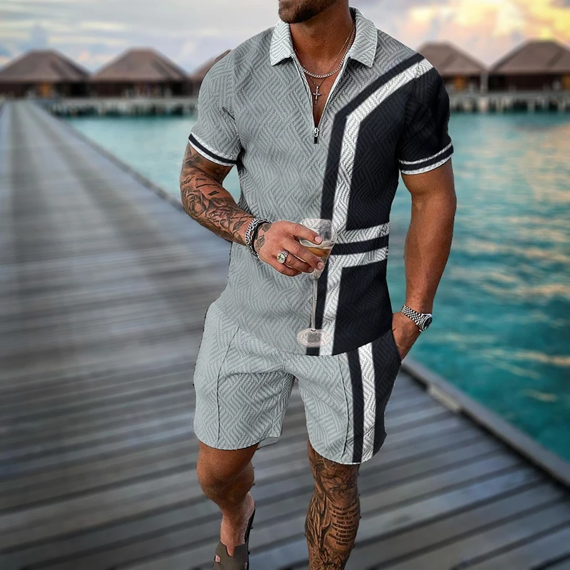 Men Tracksuit Set Business Zipper Polo Shirt Shorts 2pcs Set 3D Print Holiday Style Beach Holiday Clothing High-quality Summer