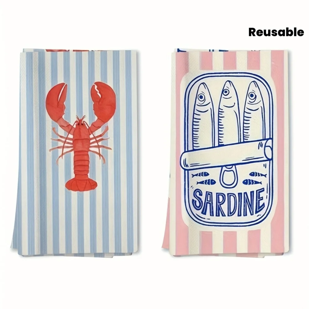 2 Piece ，Lobster Sardine Printed Striped Towels Dish Cloth Hand Towel For Cooking Cleaning Coastal Kitchen Decorative Tea Towels