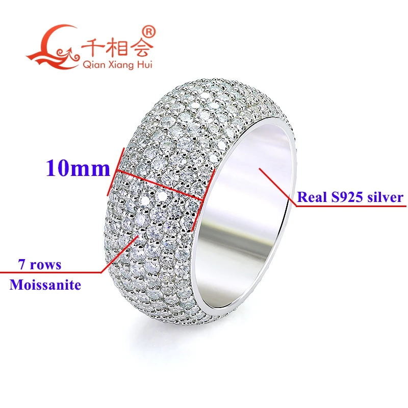 

10mm Seven Rows White Melee Moissanite Band Ring Full Stones S925 Silver Jewelry Ring for Engagement Suitable for Ladies And Men