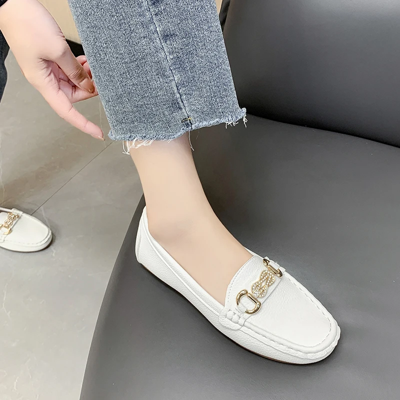 Fashion Chain Design Flat Loafers Leisure Women\'s Shoes Wear Out PU Leather Shoes Classic Shallow Mouth Shoes 2023 New Flats